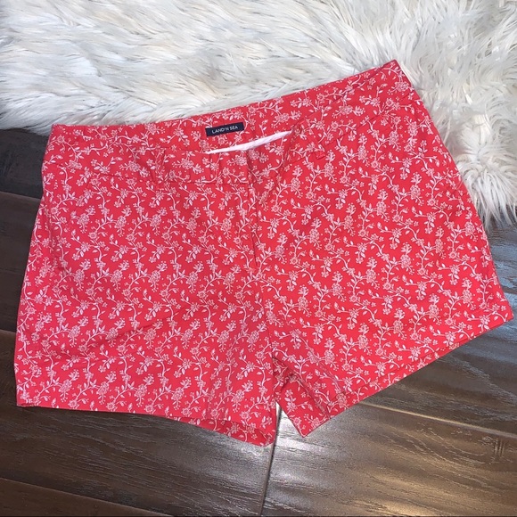 Pants - Land N Sea Orange Red Floral Shorts Women's Sz 14